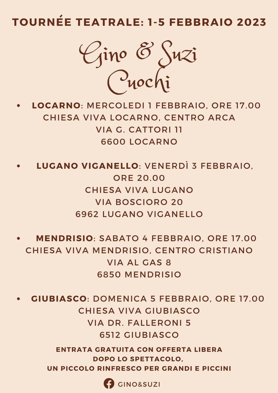 retro flyer tournée 2023 chiesa viva ticino Gino & Suzi cuochi